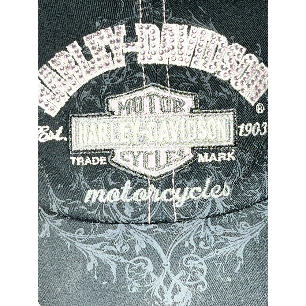 Harley Davidson Womens Black Pink Rhinestone Bling Baseball Hat Cap Est 1903